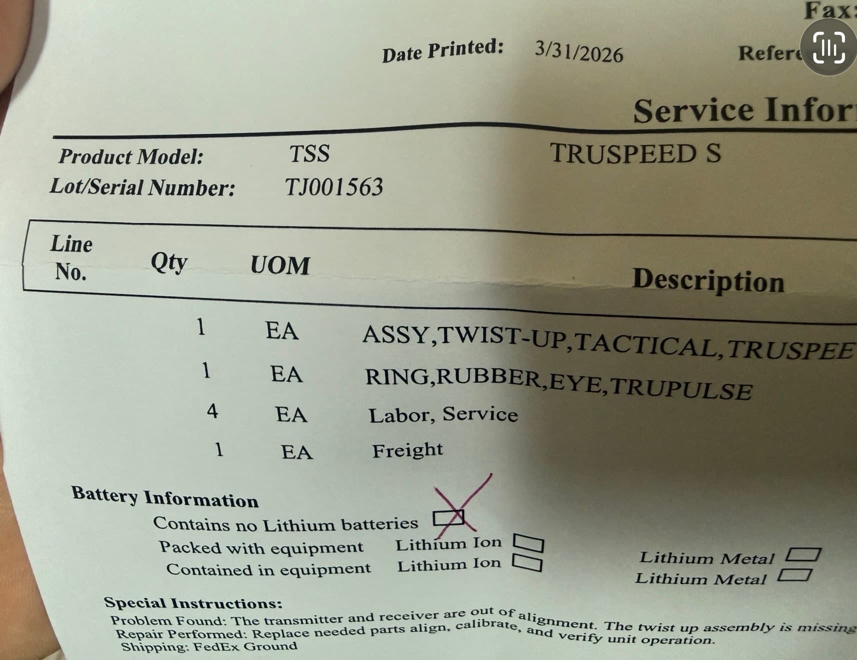 Laser Technology service record for a TruSpeed S, model TSS, serial TJ001563